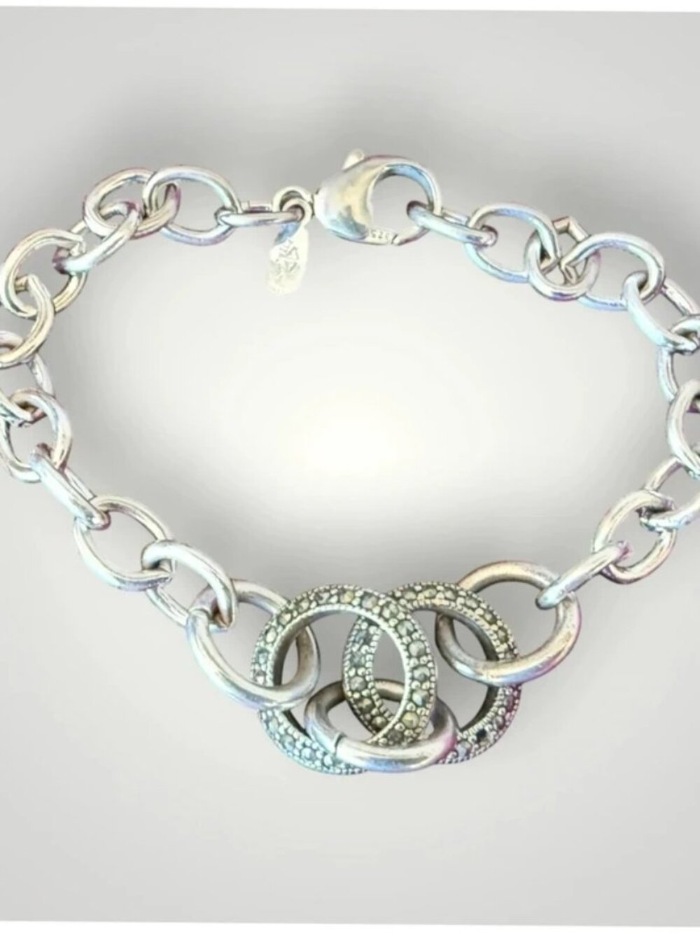 Vintage Sterling  Silver Marcasite Circle Link Bracelet  7” Length